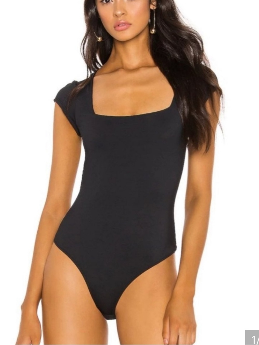 Free People Black Square Neck Cap Sleeve Thong Bodysuit Sz Large Square Eyes